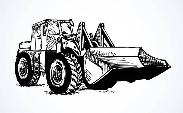 Ocelové škrábnutí tlačit zatížení trakce na velké gumové autobus pneumatiky izolované na bílém pozadí. Černý inkoust ručně kreslený obrázek kreslené kreslené pero na papíře. Boční pohled s prostorem pro text na písčité zemině lomu - Vektor, obrázek