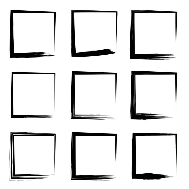 Colección o conjunto de marcos o bordes cuadrados de pincelada gruesa pintada negra artística aislada sobre fondo blanco
. - Foto, Imagen