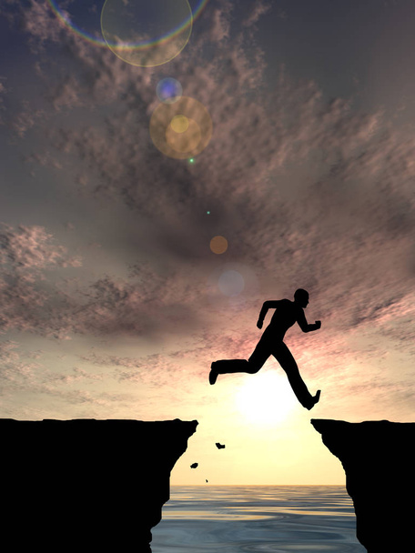 Koncepció fiatalember vagy üzletember silhouette jumping boldog szikláról több mint szakadék víz naplemente vagy napfelkelte ég háttere - Fotó, kép