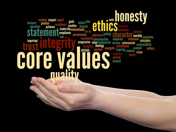 Εννοιολογικό πυρήνα αξιών ηθικής ακεραιότητας αφηρημένη έννοια σύννεφο λέξεων στα χέρια - Φωτογραφία, εικόνα