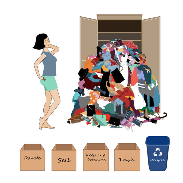 Vector Illustration with a a Woman and a Big Messy Pile of Useless, Old, Cheap, and Oumoded Cothes. Nothing to Wear, and Wardrobe Arrangement Concept. - Vector, Image