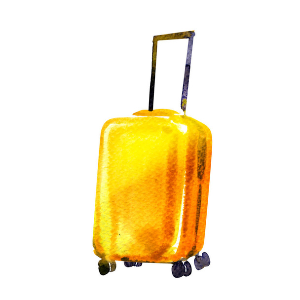 Travel bag, yellow wheeled suitcase isolated, icon, symbol of tourist trip, summer vacation and travel concept, hand drawn watercolor illustration on white - Photo, Image