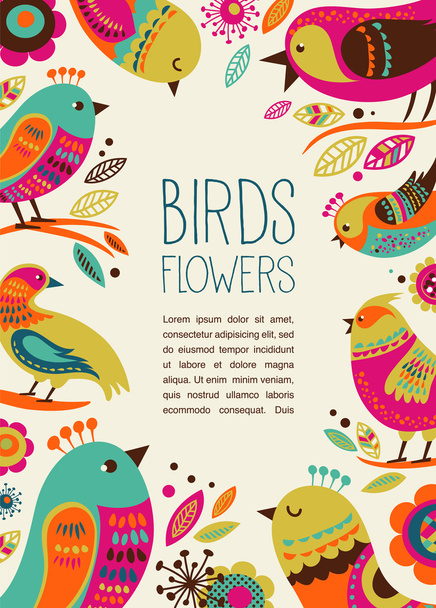 かわいい装飾的な鳥とカラフルな背景 - ベクター画像