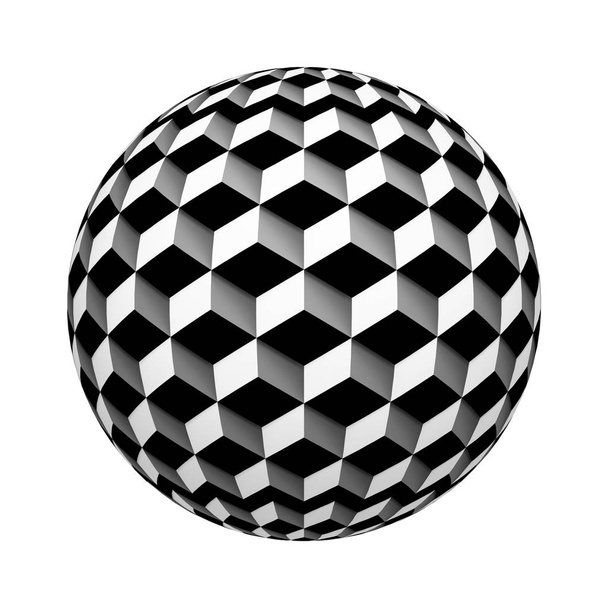 Grey rectangle boxes or cubes. Tiles with shadows texture pattern on ball or sphere shape isolated on white background. Mock up design. 3d abstract illustration - Фото, изображение