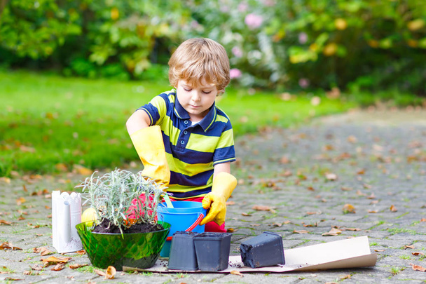 Uroczy chłopczyk sadzący kwiaty w ogrodzie lub na farmie, w ciepły słoneczny wiosenny lub letni dzień. Dziecko bawiące się z ogrodnictwem. Dzieciak uczy się bycia zielonym. Na zewnątrz. Koncepcja środowiska - Zdjęcie, obraz