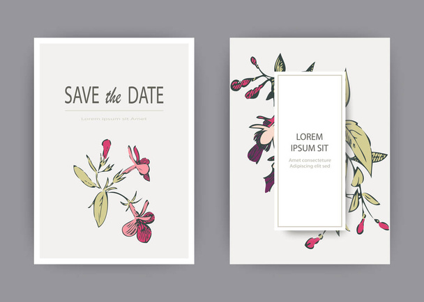 Ботанічна весільна листівка шаблонний дизайн, намальовані рукою рожеві квіти фуксії та листя, пастельна старовинна сільська тема з квадратною рамкою на білому тлі, мінімалістичний вінтажний стиль
 - Вектор, зображення