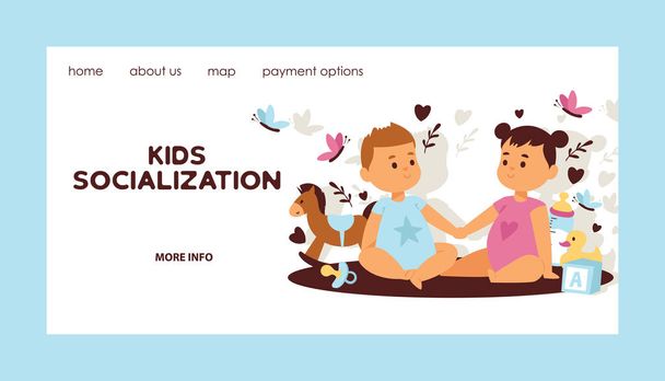 Kids vector web page children girl boy characters in first love backdrop cartoon loving baby illustration landing web-page childhood friendship child playing kissing background card on valentines day - Vector, Image