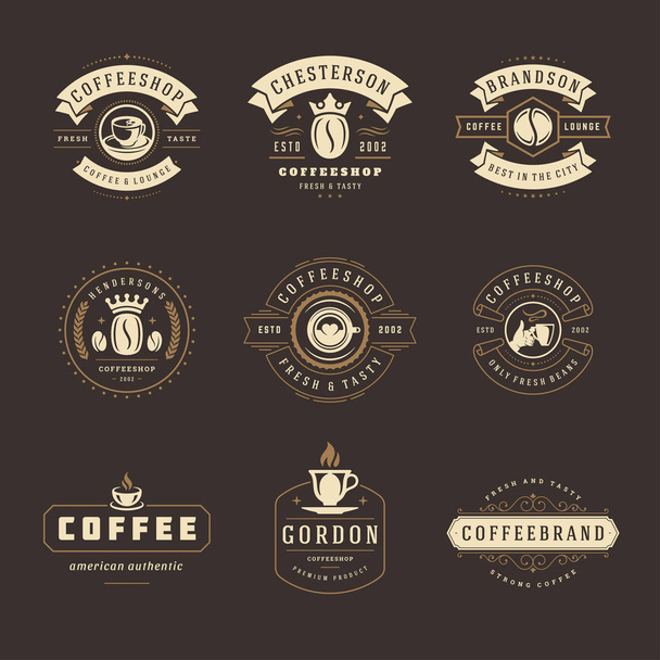 Coffee shop logos design templates set vector illustration. Good for cafeteria signages and cafe label and badges. Retro typography emblems. - Vektor, obrázek