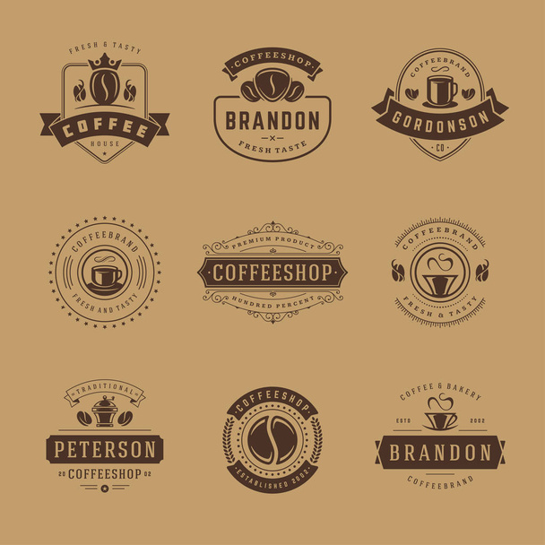 Coffee shop logos design templates set vector illustration. Good for cafeteria signages and cafe label and badges. Retro typography emblems. - Vecteur, image