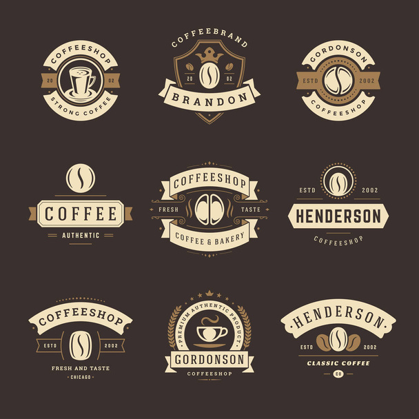 Coffee shop logos design templates set vector illustration. Good for cafeteria signages and cafe label and badges. Retro typography emblems. - Vektori, kuva