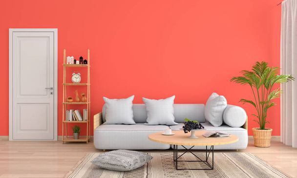 Pohovku a stůl v oranžové obývacím pokoji, vykreslování 3d objektů - Fotografie, Obrázek