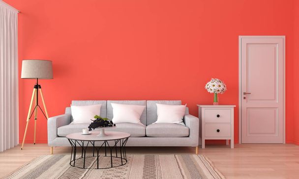 Γκρι καναπέ και τραπέζι σε πορτοκαλί σαλόνι, 3d rendering - Φωτογραφία, εικόνα