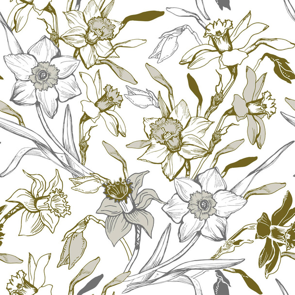 Manual graphic seamless pattern with hand drawn flowers daffodils. - Wektor, obraz