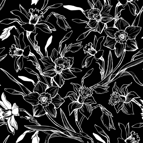 Monochrome graphic seamless pattern with hand drawn flowers daffodils. - Vettoriali, immagini