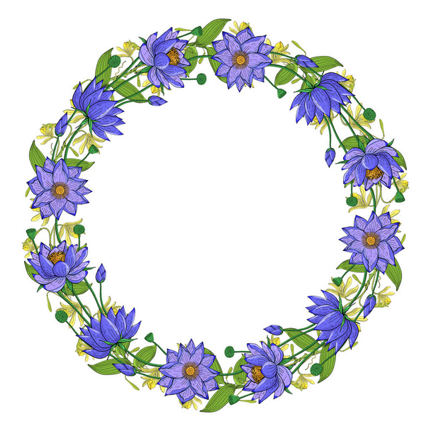 Wreath from vanilla orchid, blue lotus flower - Vector, Image