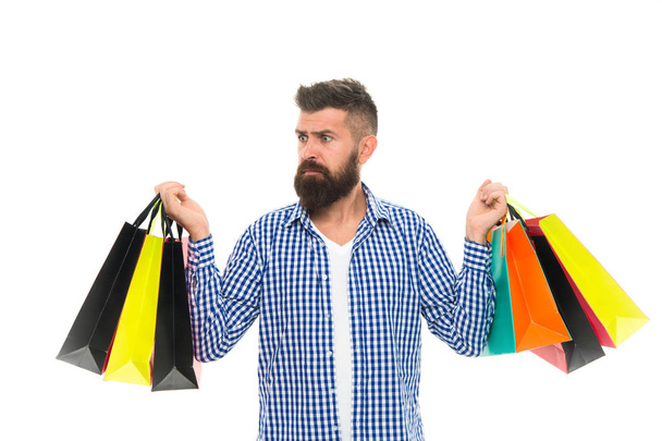 Shopaholic. Black Friday. Cyber Monday. Shopping sale. Male barber care. Mature hipster with beard. Bearded man with shopping bags.. brutal surprised caucasian hipster with moustache. Shopping - Photo, Image
