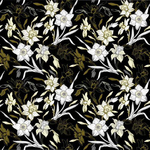 Manual graphic seamless pattern with hand drawn flowers daffodils. - Vector, Image