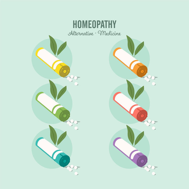 Homöopathische Medizin auf grünem Hintergrund. Homöopathische Pillen. Alternative Medizin. Vektorillustration - Vektor, Bild