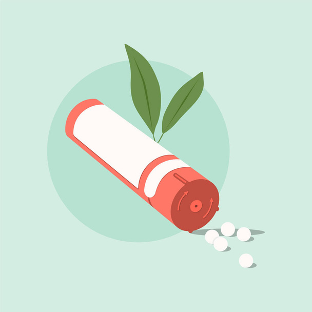 Homeopathic medicine on a green background. Homeopathic pills.Alternative medicine. Vector illustration - Vector, Image