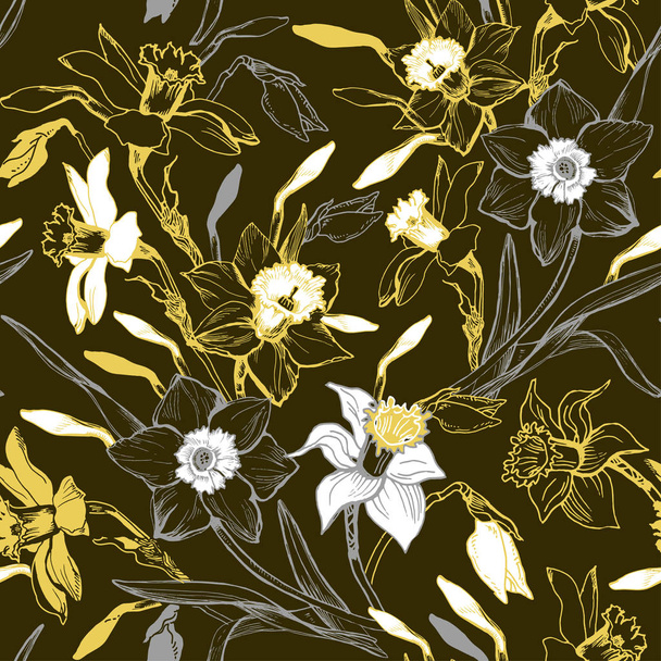 Manual graphic seamless pattern with hand drawn flowers daffodils. - Вектор,изображение
