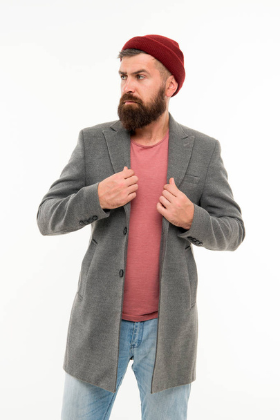 Modern male outfit. Hipster outfit. Stylish casual outfit. Menswear and male fashion concept. Man bearded hipster stylish fashionable jacket. Comfortable and cool. Casual jacket and knitwear warm hat - Zdjęcie, obraz