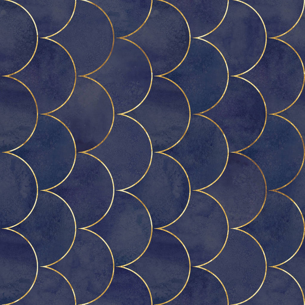 Mermaid fish scale wave japanese luxury colorful seamless pattern. Watercolor hand drawn dark blue background with gold line. Watercolour scales shaped texture. Print for textile, wallpaper, wrapping. - 写真・画像