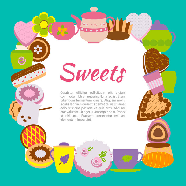 Banner mit Süßigkeiten und Tassen. Vektorillustration des Backens im Kreis. - Vektor, Bild
