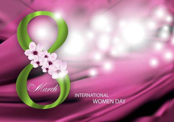 Pink Background for Holiday March 8 International Women's Day with green Digit eight and flowers. Vector Illustration. - Vetor, Imagem