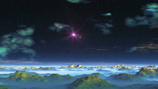 Dwie gwiazdy (Ufo) na obcej planecie. Z głębi ciemności gwiaździste niebo dwie gwiazdy wylecieć (Ufo) i przelatywać z Pustynny krajobraz. Mgławice w niebo i rozproszone chmury. Na nizinach gęsta mgła białe góry.  - Materiał filmowy, wideo