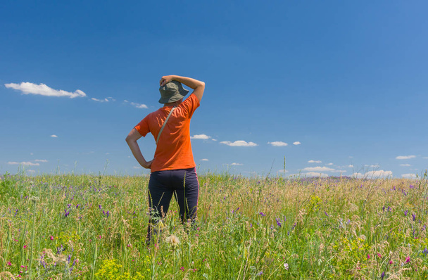 Femme en vêtements d'entraînement admire champ sauvage d'été en Ukraine
 - Photo, image