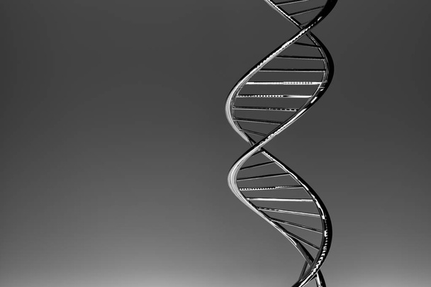 Podwójna Spirala DNA, szary błyszczący materiał, ciemne tło gradientowe - Zdjęcie, obraz