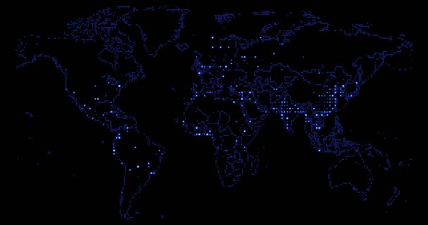 world map blue gradient led pixel, on off effect movement on black background, business and communication - Footage, Video