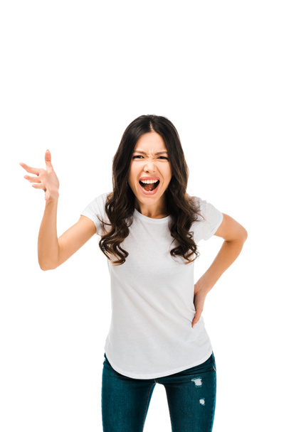 irritated young woman gesturing with hand and screaming isolated on white - Fotografie, Obrázek