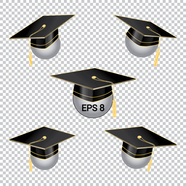 透明な背景に黒い教育カップ。さまざまな性向を持つ卒業生帽子。ベクトルの図。Eps 8 - ベクター画像