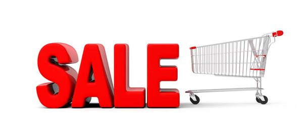 Sale concept. Text sale, big red letters and supermarket cart isolated on white background, banner. 3d illustration - 写真・画像