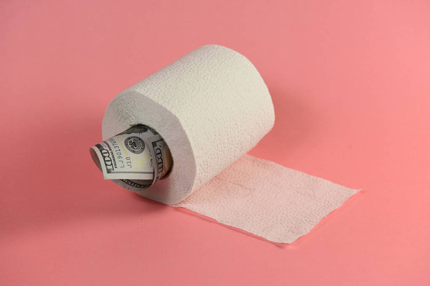 Billete de dólar americano y papel higiénico, concepto de ahorro
 - Foto, Imagen