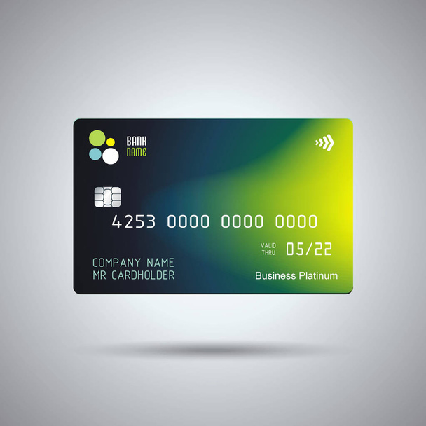 Πιστωτική κάρτα φωτεινό μπλε και πράσινα σχεδιασμό με σκιά. Εκτυπώστε λεπτομερείς αφηρημένη γυαλιστερό πιστωτική κάρτα έννοια για το ιστορικό πληρωμών, εμπορικά κέντρα, επιχειρήσεις, web,. - Διάνυσμα, εικόνα