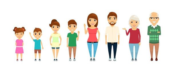Large family. All family members are in different positions. Everyone smiles. In flat style on white background. Cartoon. - Vector, Image