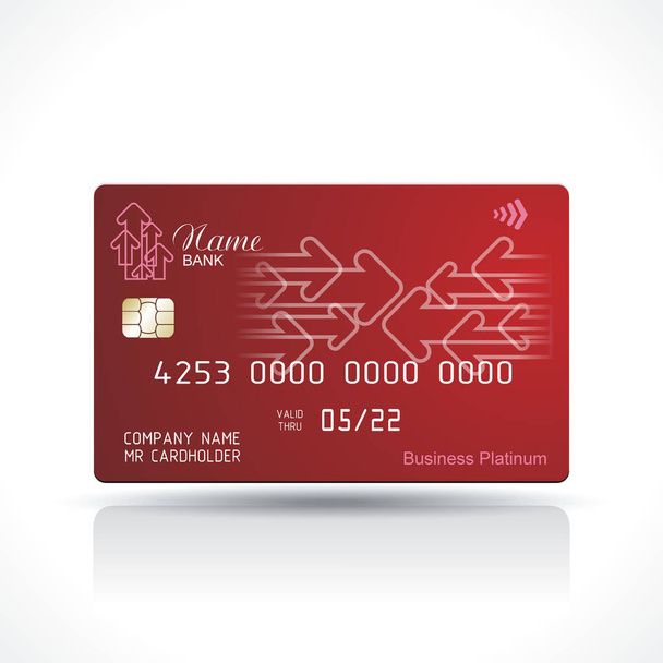 Luottokortti punainen muotoilu nuolilla merkki ja varjo. Yksityiskohtainen abstrakti kiiltävä luottokorttikonsepti liike, maksuhistoria, ostoskeskukset, web, tulostaa
. - Vektori, kuva