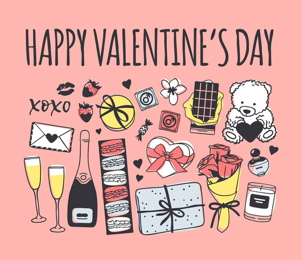 Hand drawn Fashion Illustration Romantic Objects and quote. Creative ink art work. Actual vector drawing of Holiday things. Happy Valentine's Day set and text HAPPY VALENTINE'S DAY - Vektori, kuva