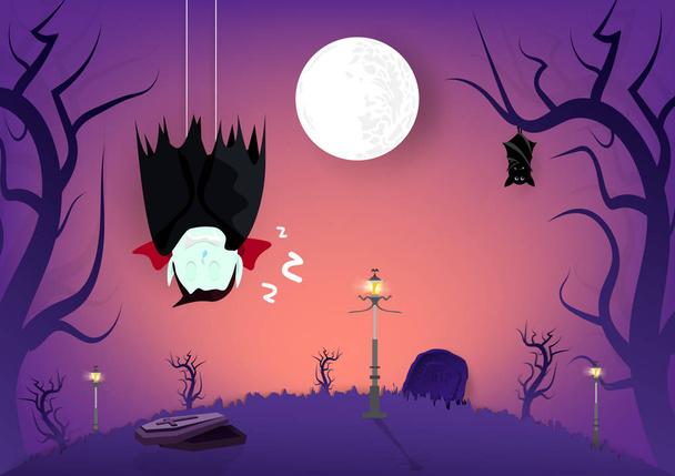 Halloween, vampire and bats sleeping in graveyard dark forest cartoon puppet characters, invitation poster card abstract background vector illustration - Vector, Image