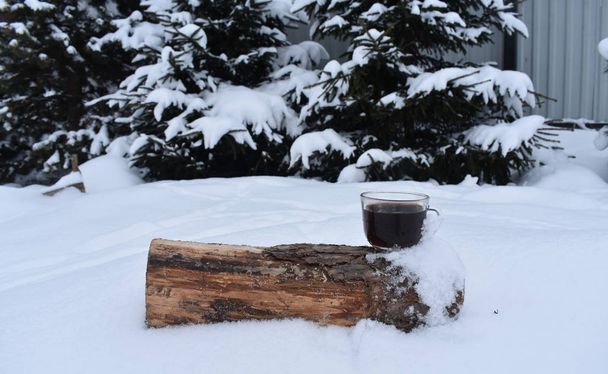Paesaggio invernale con una tazza di caffè su un tronco
. - Foto, immagini