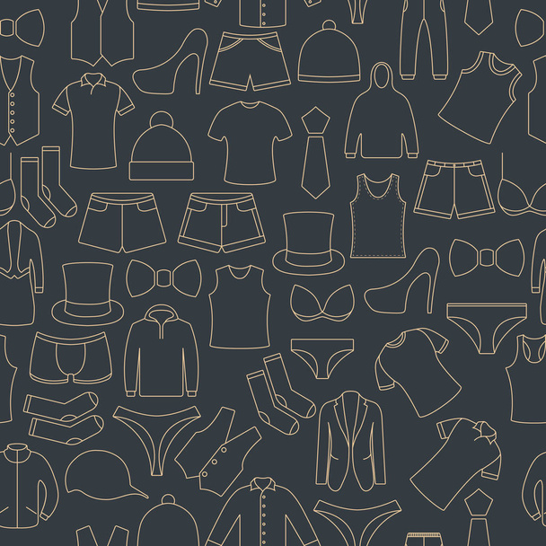 Nahtloses Muster aus einer Reihe von Kleidungssymbolen mit dünnen Linien, Vektorillustration. - Vektor, Bild