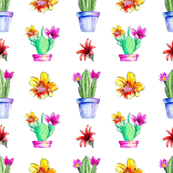 watercolor blooming cactus potted isolated on white background, prickly green, seamless pattern for printing. - Foto, Bild