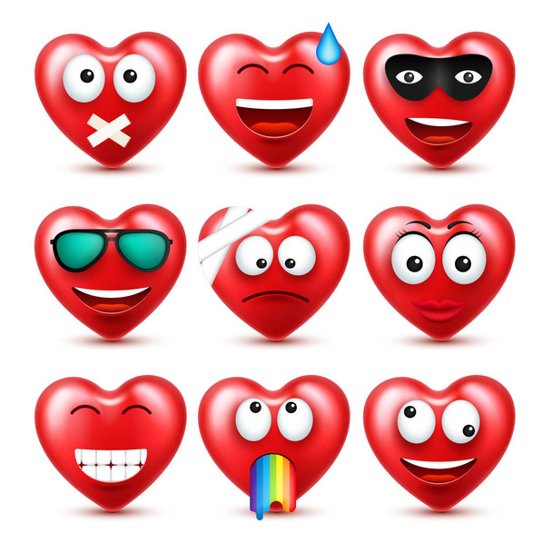Set de Vectores Emoji Corazón Sonriente para el Día de San Valentín. Cara roja divertida con expresiones y emociones. Símbolo de amor
. - Vector, imagen