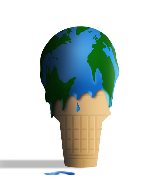 Il riscaldamento globale è illustrato con un cono gelato che si scioglie e il gelato sembra essere anche una mappa del globo terrestre. Questa è un'illustrazione
. - Foto, immagini