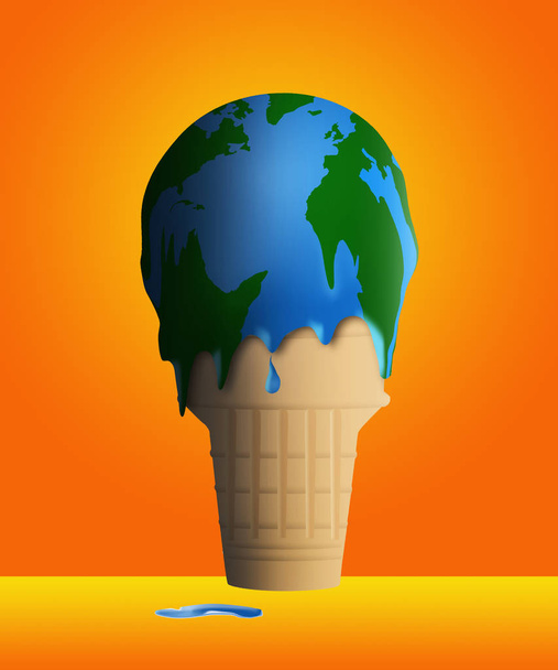 Globální oteplování je ilustrován tavení kužel zmrzliny a zmrzliny se zdá být také Globus mapa země. To je ilustrace. - Fotografie, Obrázek