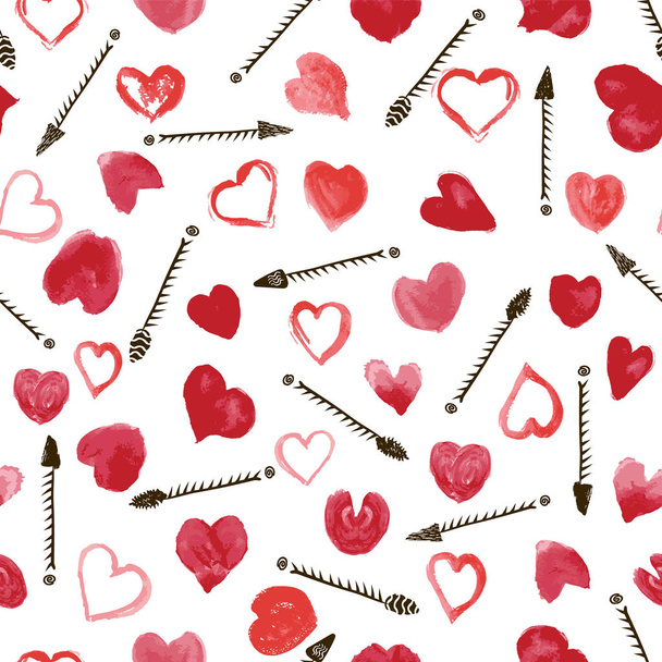 Red hand drawn watercolor hearts with black ink tribal arrows. Seamless vector pattern. Ideal for Valentines day, Mothers day, birthdays, home decor, stationery. - Vektor, Bild