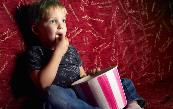 Childrens cinema: A little boy is watching a movie in the dark in a red armchair and eating popcorn. - Fotografie, Obrázek