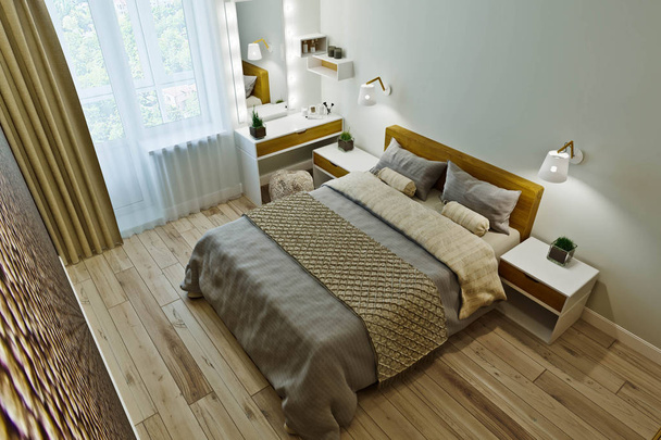 Сучасний інтер'єр спальні в теплих тонах з дерев'яною панеллю
. - Фото, зображення